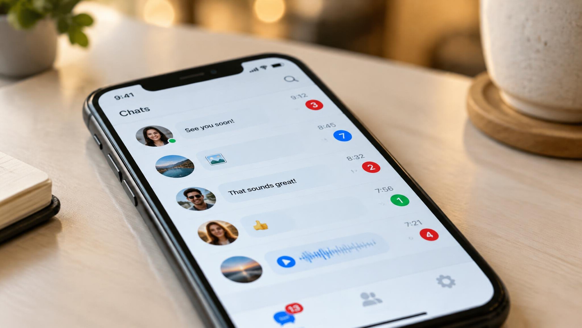 Smartphone on a table showing a messaging app with colorful notification icons